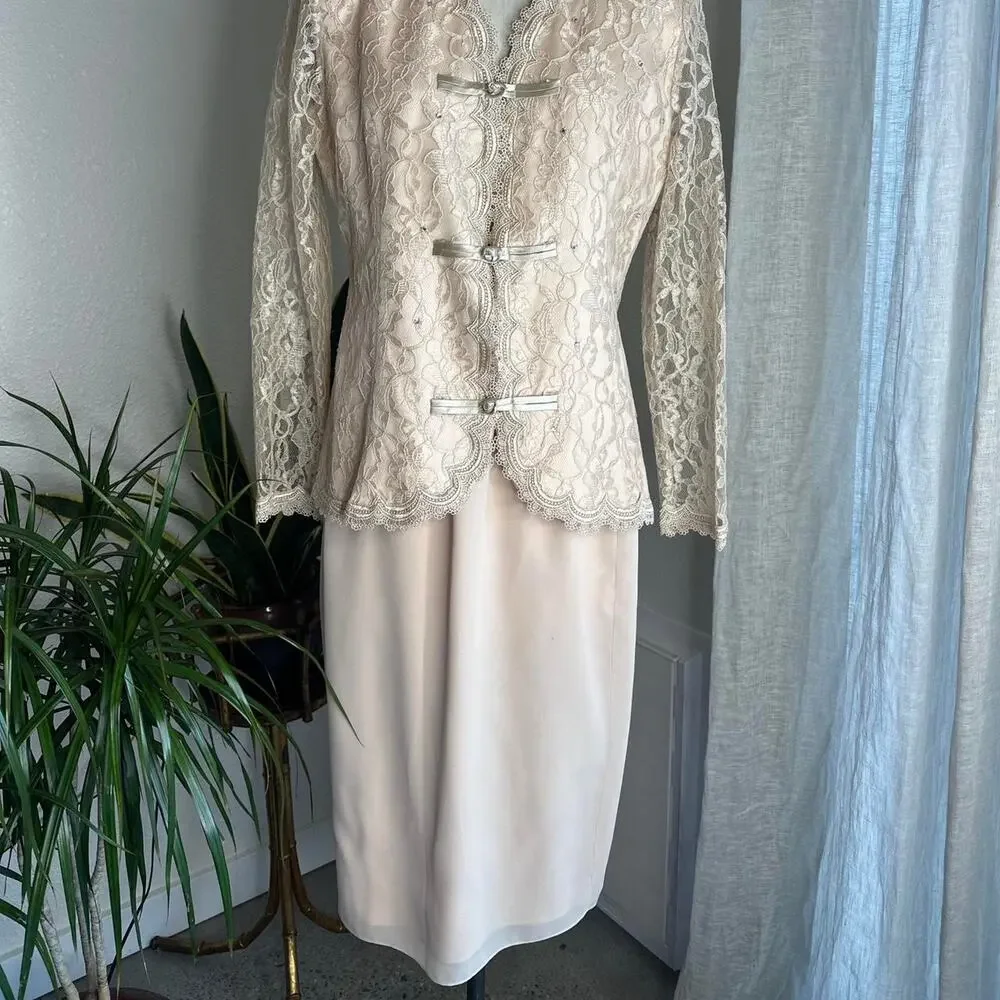 Nicole Paris Women’s Size 10 Skirt Suit Blush Lace Overlay Satin Trim Elegant